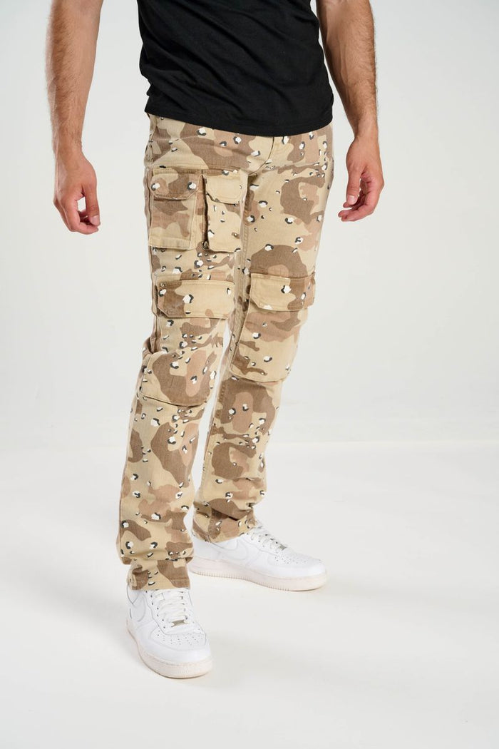 Taker 'Multi Pocket' slim straight desert camo denim pants with multiple cargo pockets and slim straight fit.