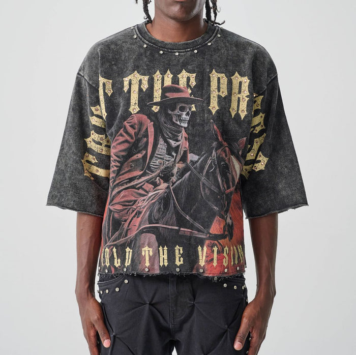 Black Taker 'Trust the Process' cropped T-shirt with graphic print, casual fit, and short sleeves.