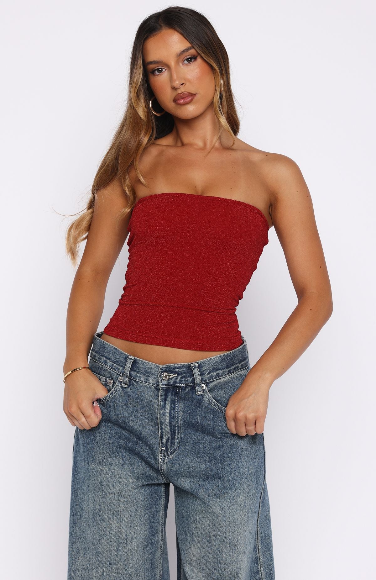 Passing By You Strapless Top Red