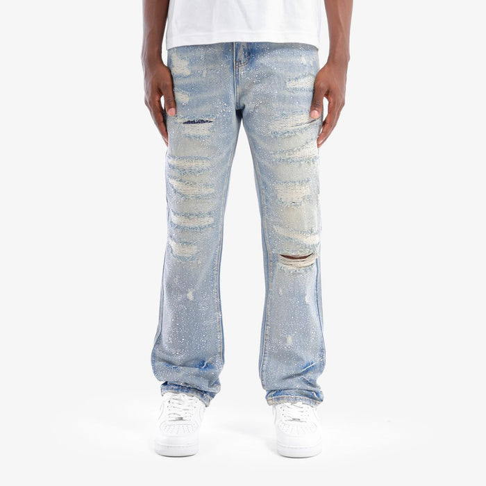 VOYAGE STUDIO Stone On Repair full rhinestone denim jeans with straight fit, showcasing detailed rhinestone embellishments.