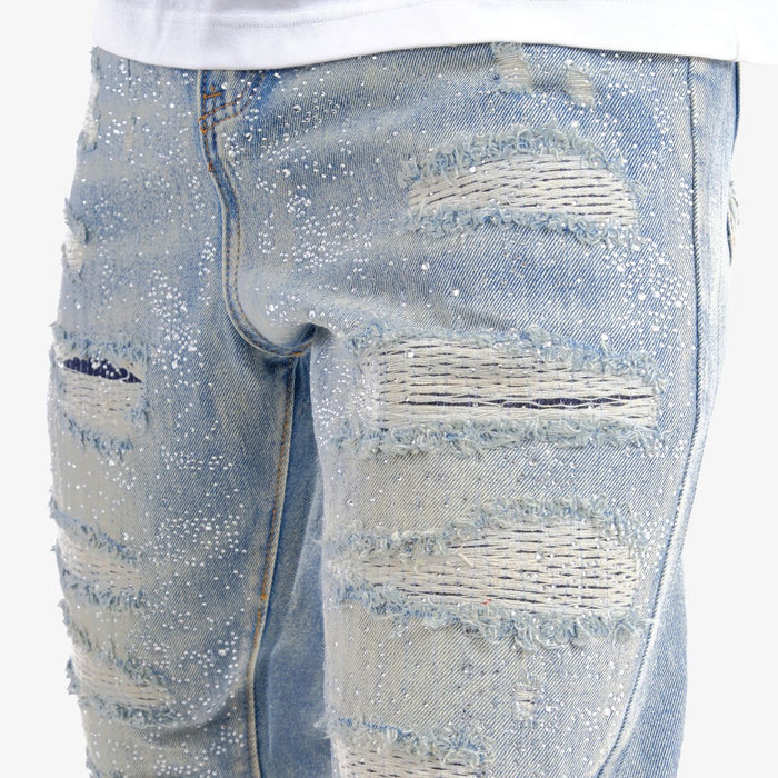 VOYAGE STUDIO Stone On Repair full rhinestone straight fit denim jeans in light wash, detailed with rhinestone embellishments.