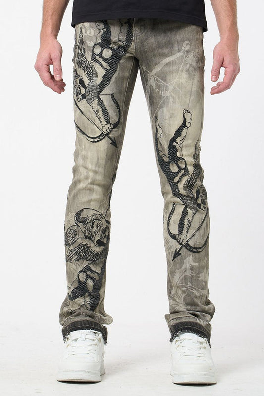 Waimea Cupid stacked rhinestone denim jeans in antique grey, showcasing detailed rhinestone embellishments and classic denim fabric.
