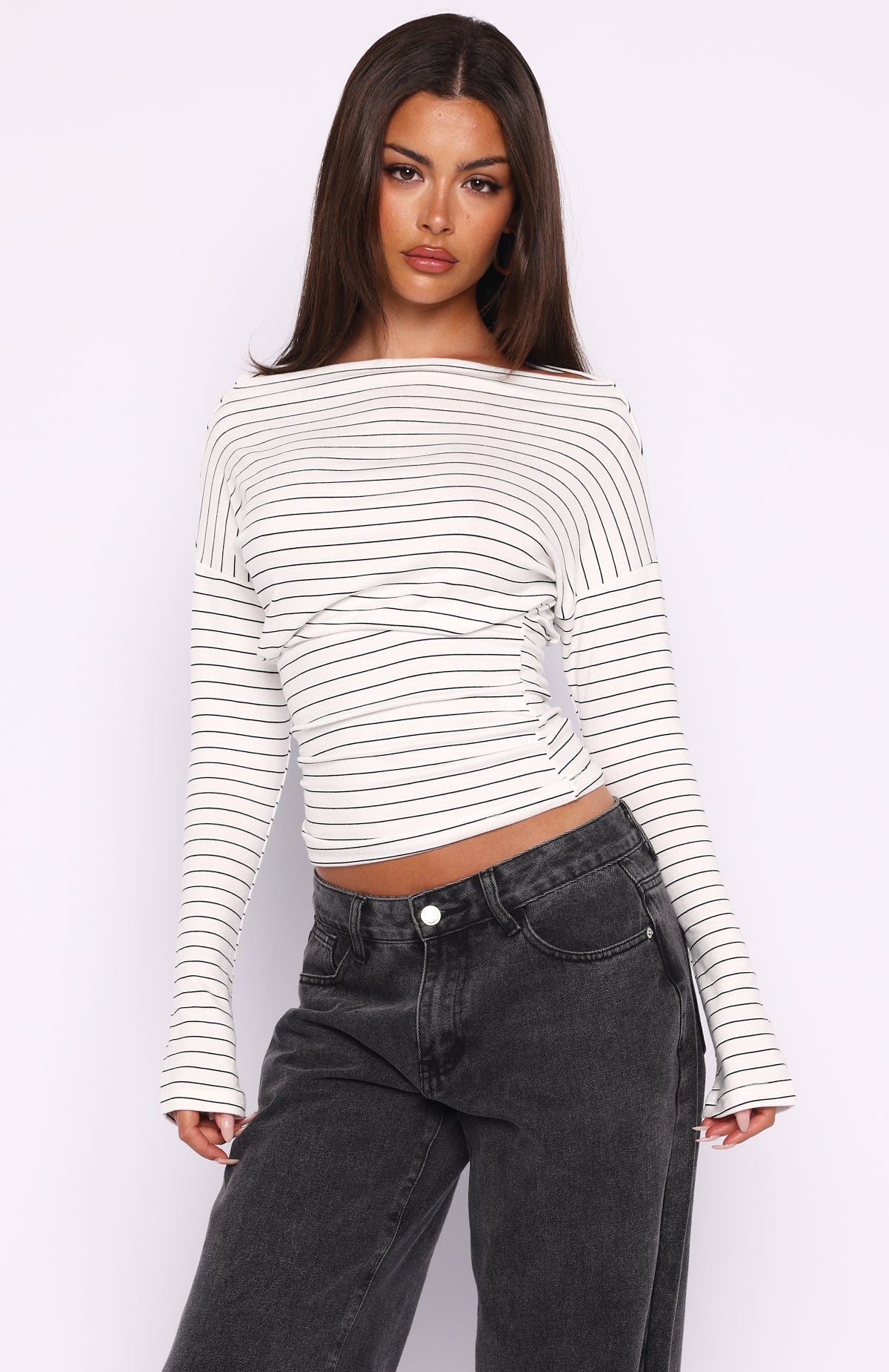 Another Time Cinched Waist Long Sleeve Top White Stripe