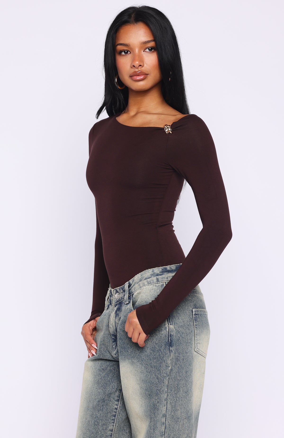 Double Down Long Sleeve Bodysuit Dark Chocolate