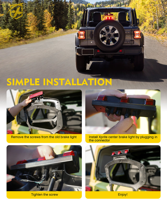 Xprite Jeep LED Third Brake Lights, IP68 Waterproof – High Mount Stop Lights for 2018+Jeep Wrangler JL JLU