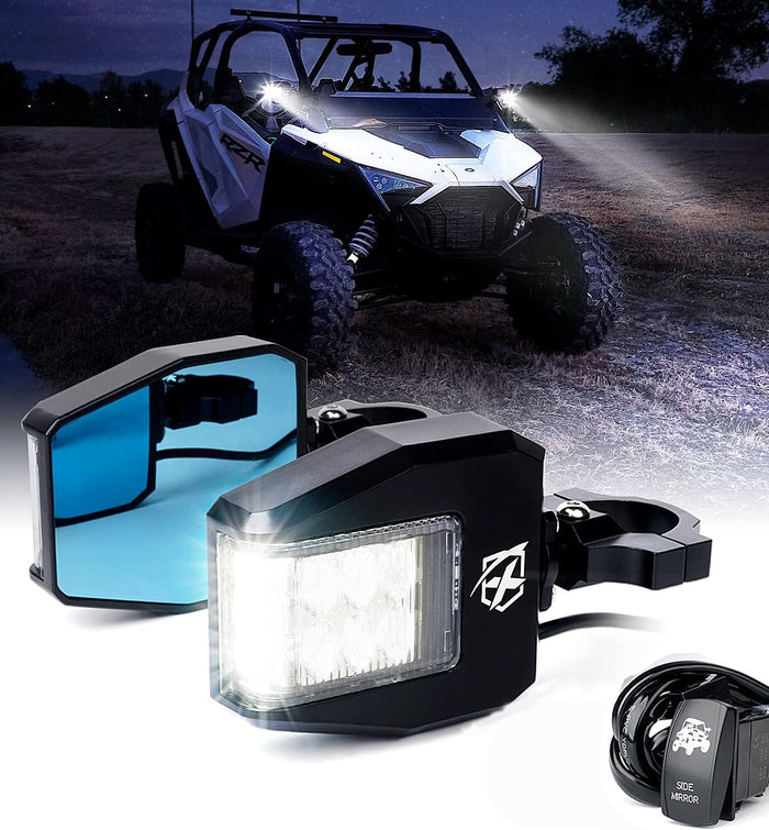 Xprite UTV Side Mirrors with LED Spot Lights – Anti-Glare Blue Tinted Off-Road Mirrors | Destiny Series