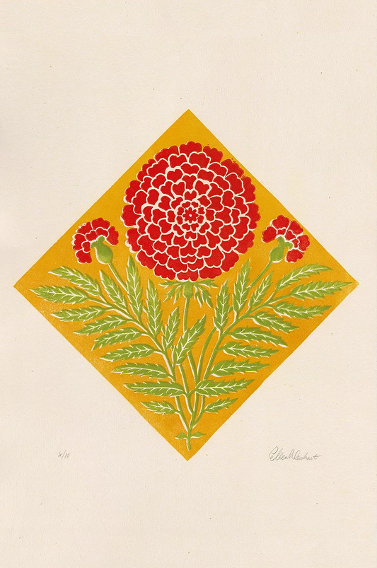 ellen merchant limited edition print with yellow background and large pink Marigold 13.7" x 19.6"